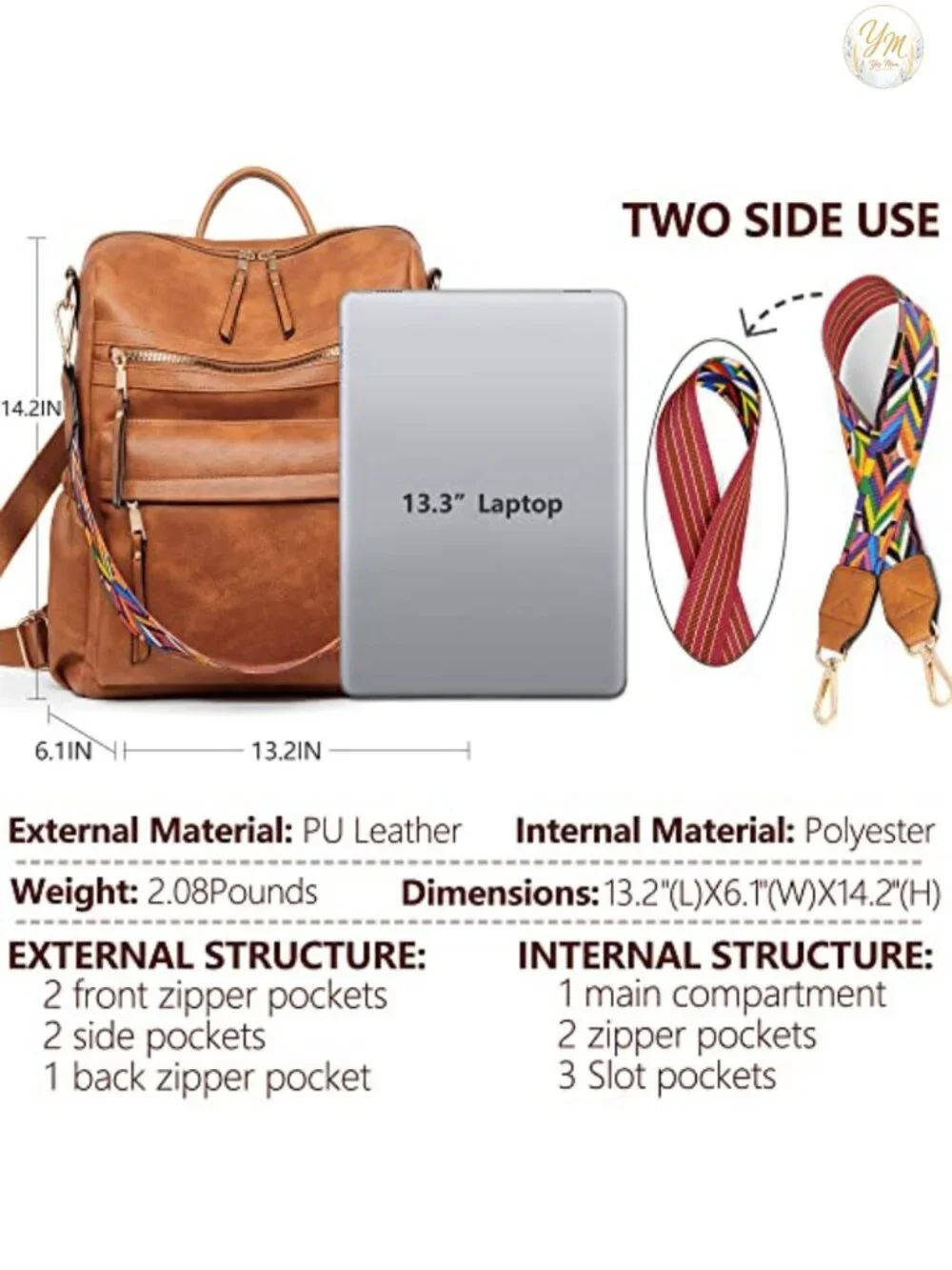 Faux Leather Fashion Backpack Purse with Multi-Pockets for Women Travel